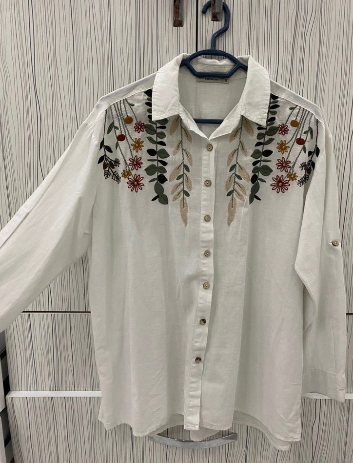 Nakışlı Bohem Uzun Kollu Beyaz Gömlek - Görsel 2