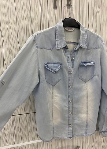 Kot Denim Kadın Gömlek, Düğmeli, Uzun Kollu - Görsel 2