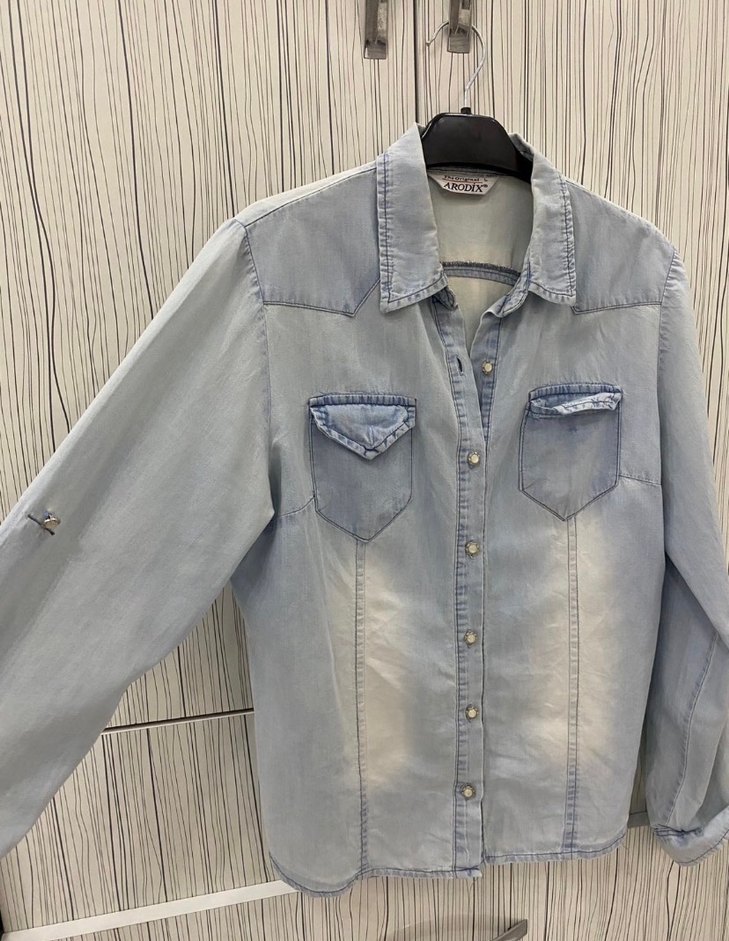 Kot Denim Kadın Gömlek, Düğmeli, Uzun Kollu - Görsel 2