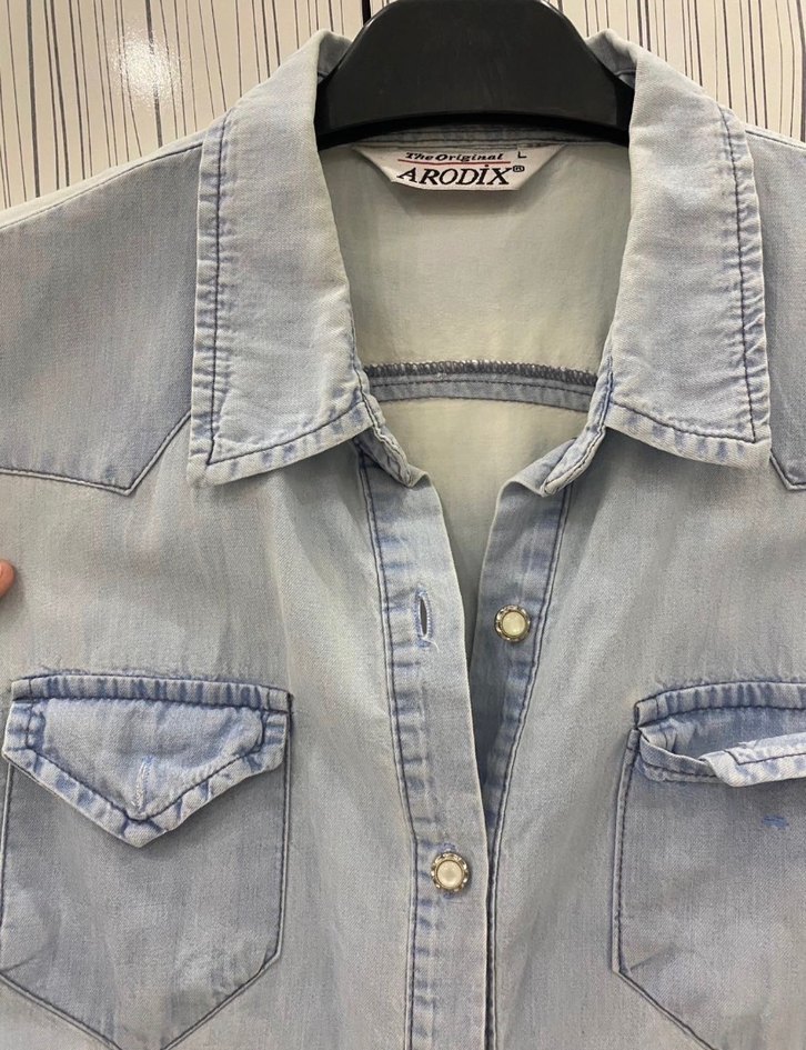 Kot Denim Kadın Gömlek, Düğmeli, Uzun Kollu - Görsel 3