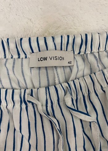 Beyaz Mavi Çizgili Midi Kadın Pantolon - Görsel 2