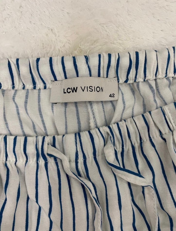 Beyaz Mavi Çizgili Midi Kadın Pantolon - Görsel 2