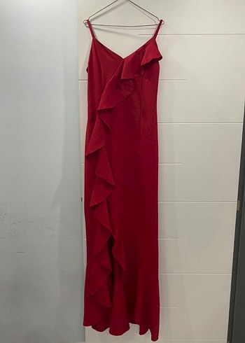 Uzun Kırmızı V Yakalı Fırfırlı Elbise - Görsel 2