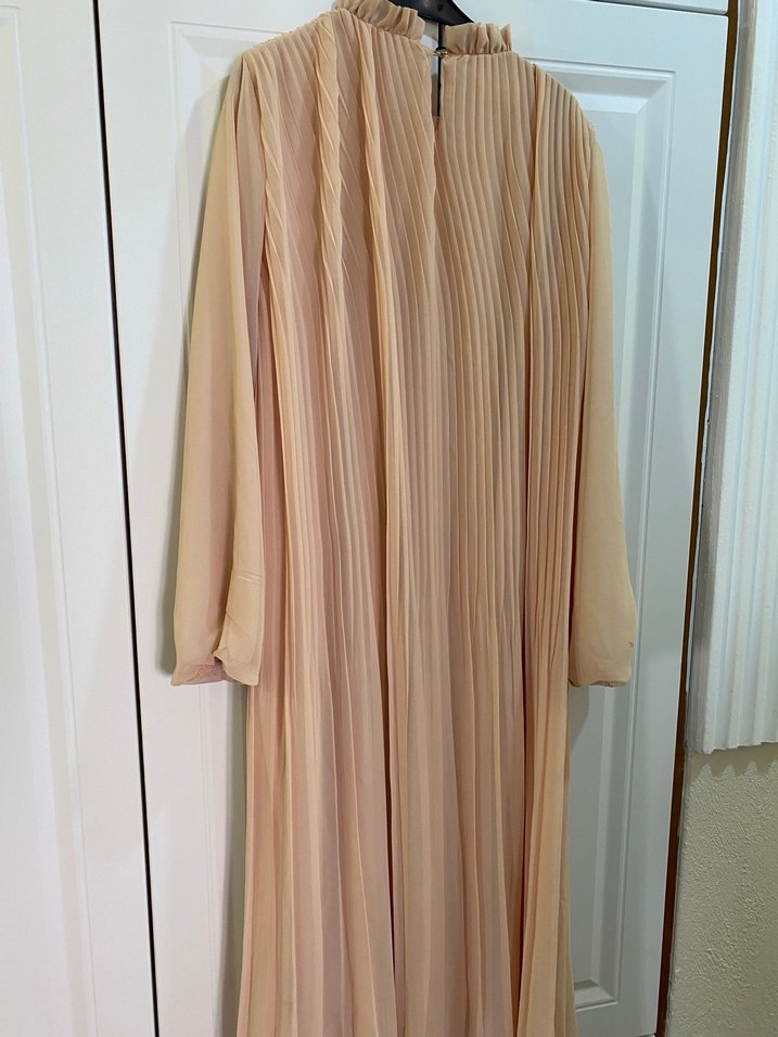 Bej Piliseli Uzun Kadın Elbise - Görsel 3