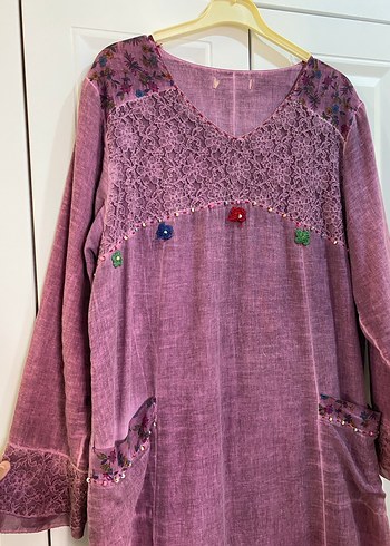 Uzun Kollu Mor Nakışlı Bohem Elbise - Görsel 2