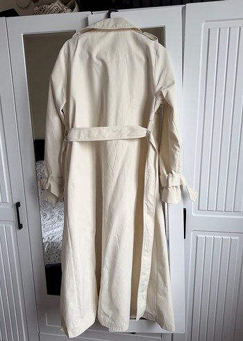 Düğmeli açık krem Uzun Kadın Trençkot - Görsel 5