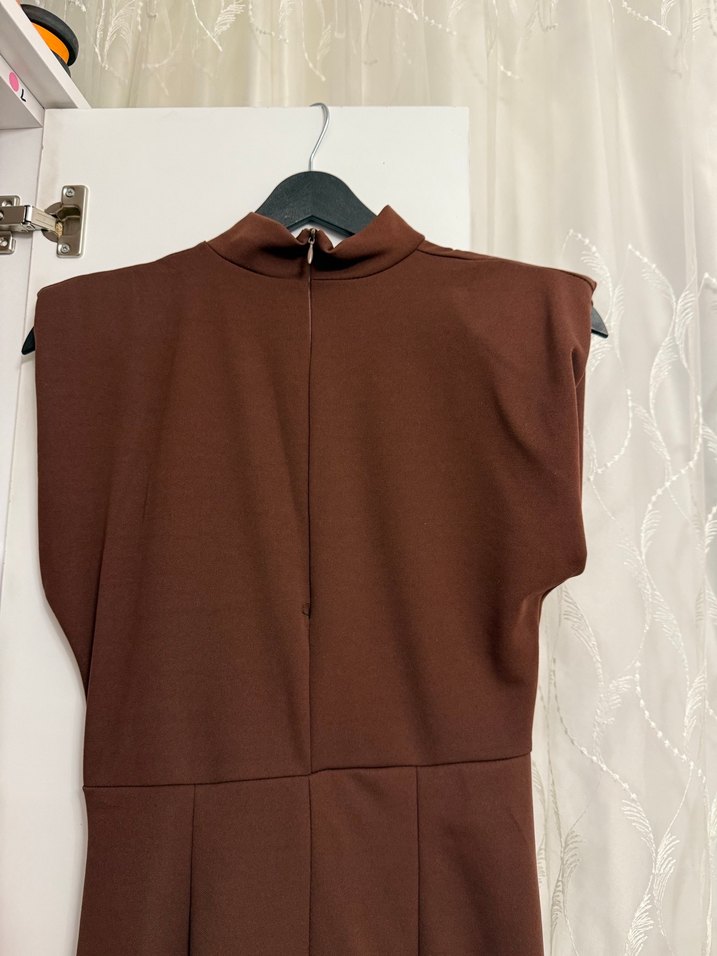 Kahverengi Drapeli Uzun Elbise - Görsel 4