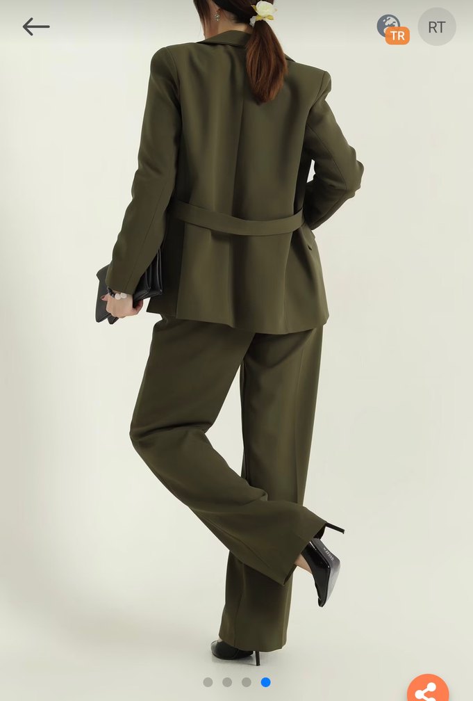Kemerli Haki Deri Kadın Takım Elbise - Görsel 4