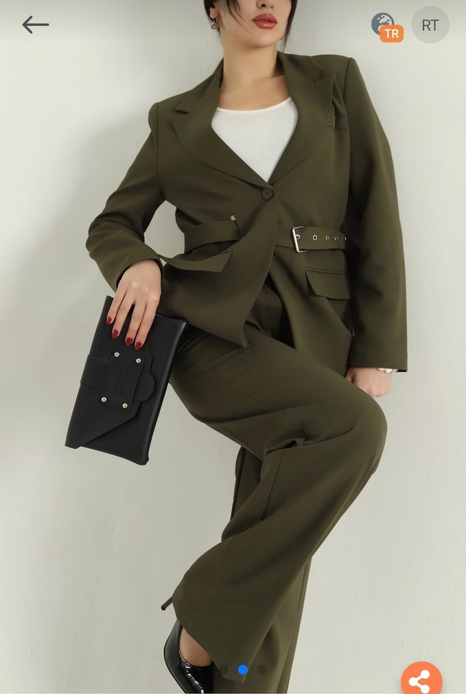 Kemerli Haki Deri Kadın Takım Elbise - Görsel 3