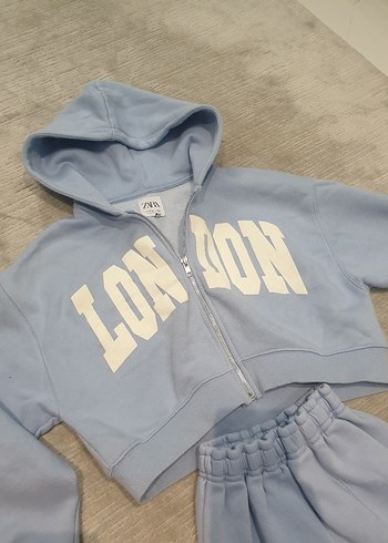 Kız Çocuk Mavi Kapüşonlu Fermuarlı Sweatshirt takim