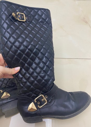 Kadın Siyah Tokalı Deri Dizüstü Bot - Görsel 9