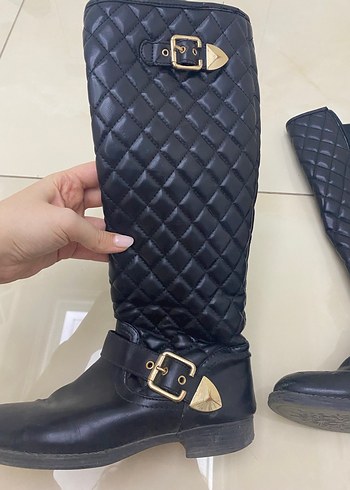 Kadın Siyah Tokalı Deri Dizüstü Bot - Görsel 4