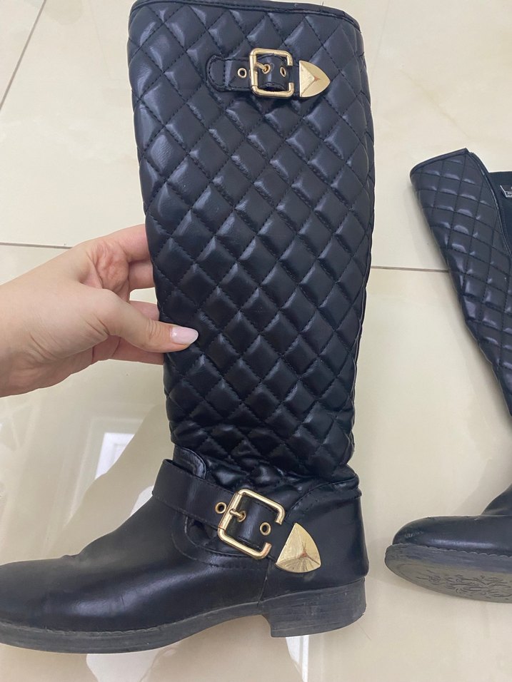 Kadın Siyah Tokalı Deri Dizüstü Bot - Görsel 4