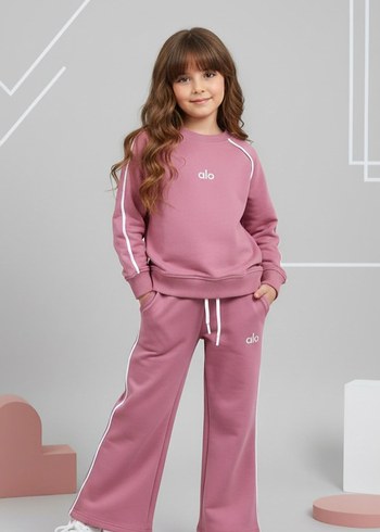 Kız Çocuk Pembe Örgü Sweatshirt ve Eşofman Takımı - Görsel 5