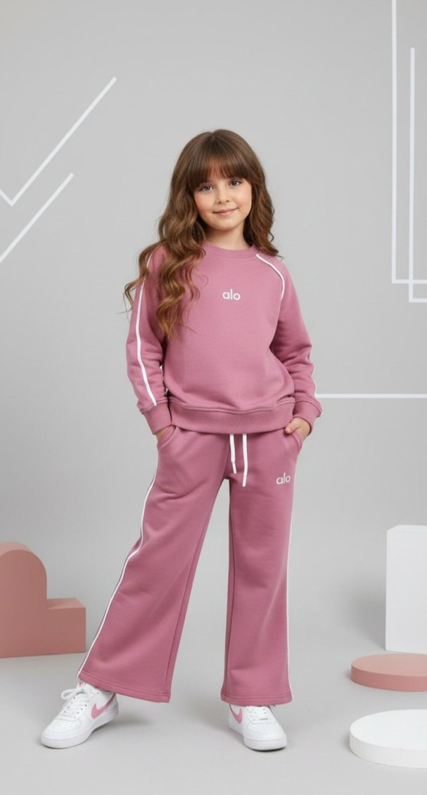 Kız Çocuk Pembe Örgü Sweatshirt ve Eşofman Takımı - Görsel 5