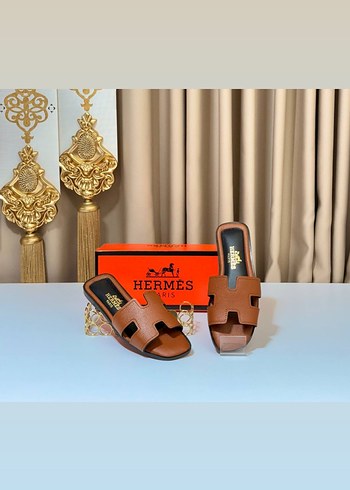 Hermes Kahverengi Deri Stiletto Topuklu Kadın Terlik