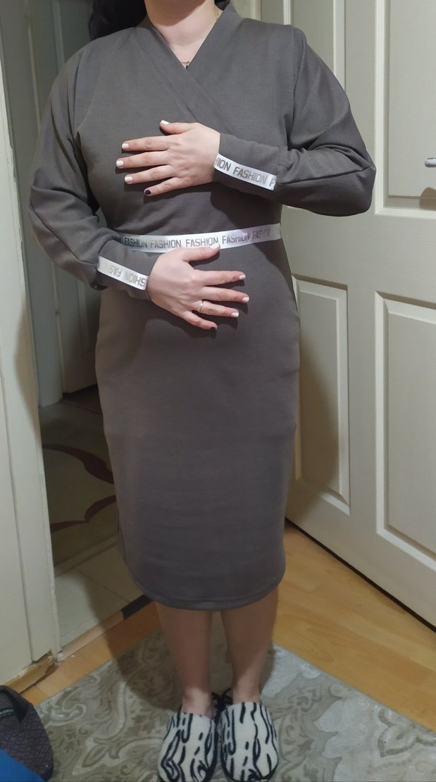 Gri V Yakalı Kemerli  Midi Elbise - Görsel 2