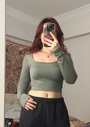s Beden Kadın Haki Uzun Kollu Crop Top