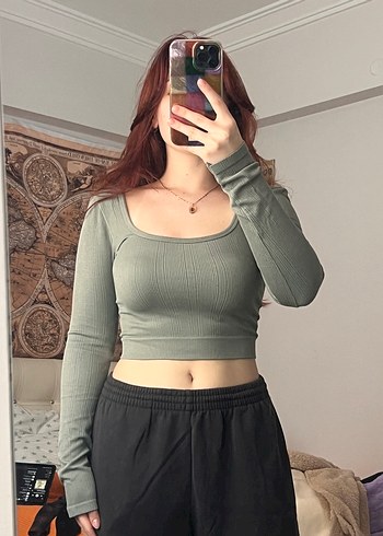 Kadın Haki Uzun Kollu Crop Top