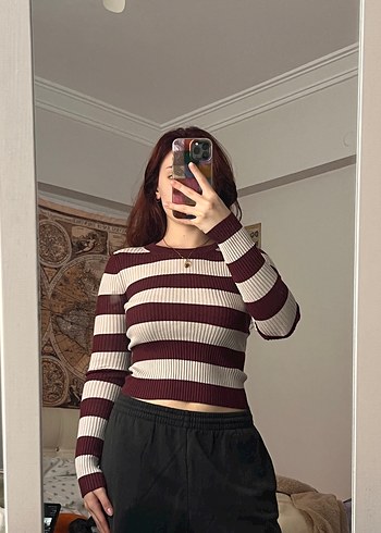Pull and Bear Bordo Çizgili Balıkçı Yaka Triko Kazak