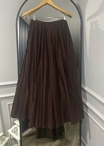 Drapeli Kahverengi Uzun Keten Etek - Görsel 2