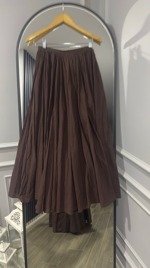 Drapeli Kahverengi Uzun Keten Etek - Görsel 4