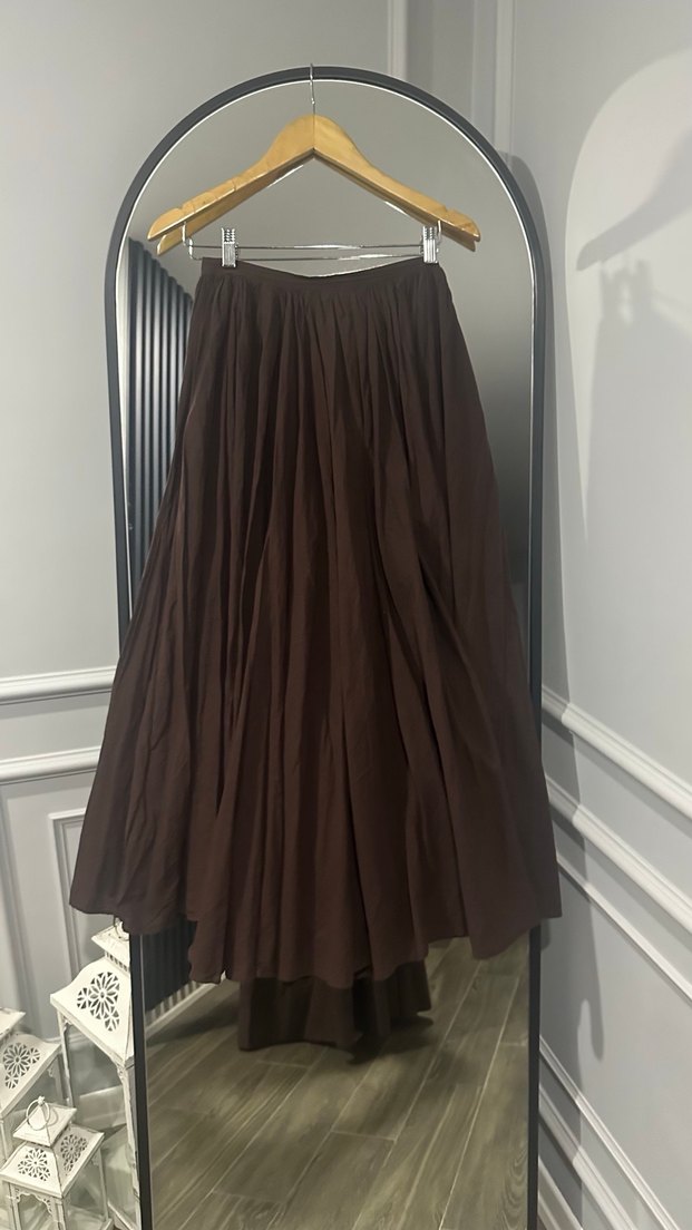 Drapeli Kahverengi Uzun Keten Etek - Görsel 2