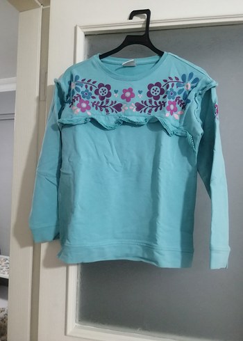Nakışlı Fırfırlı Mavi Kız Sweatshirt polo 9,10 yaş