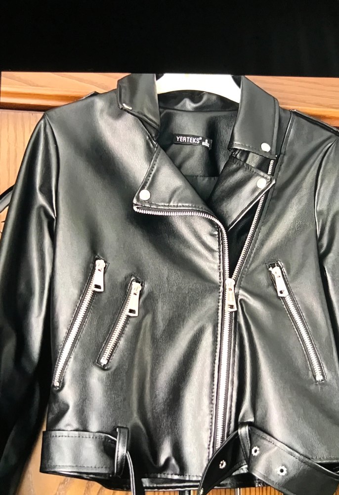 Siyah Mini Deri Biker Ceket - Görsel 2