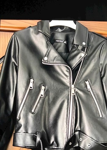 Siyah Mini Biker Deri Ceket - Görsel 2