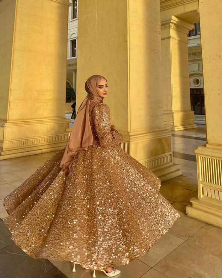 Uzun Parlak Camel Renkli Kadın Abiye Elbise - Görsel 2