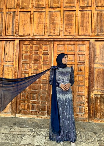 Uzun Kol lacivert Etnik Desenli Drapeli Abiye Elbise - Görsel 5