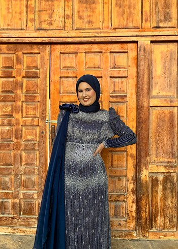 Uzun Kol lacivert Etnik Desenli Drapeli Abiye Elbise - Görsel 3