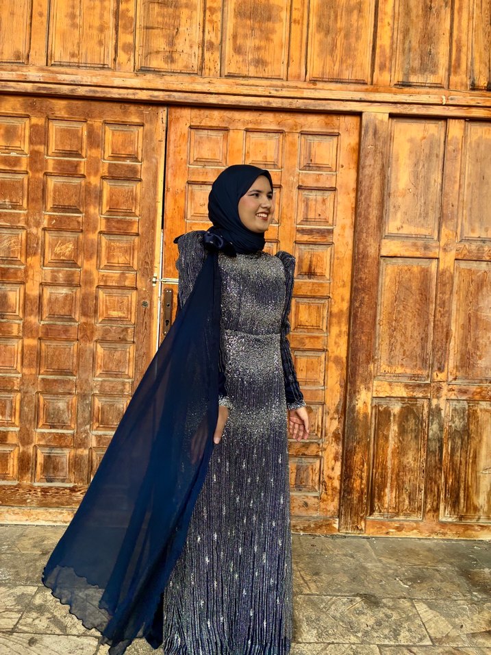 Uzun Kol lacivert Etnik Desenli Drapeli Abiye Elbise - Görsel 4