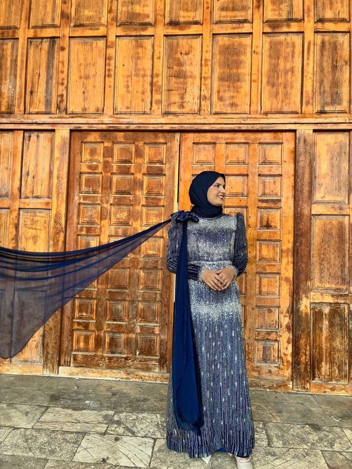 Uzun Kol lacivert Etnik Desenli Drapeli Abiye Elbise - Görsel 5