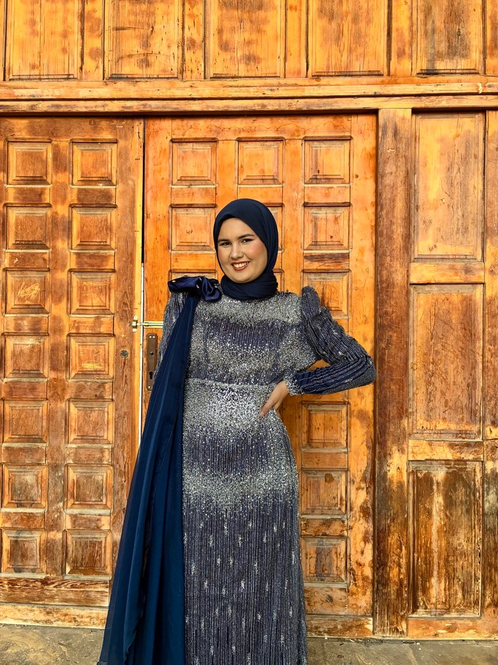 Uzun Kol lacivert Etnik Desenli Drapeli Abiye Elbise - Görsel 3