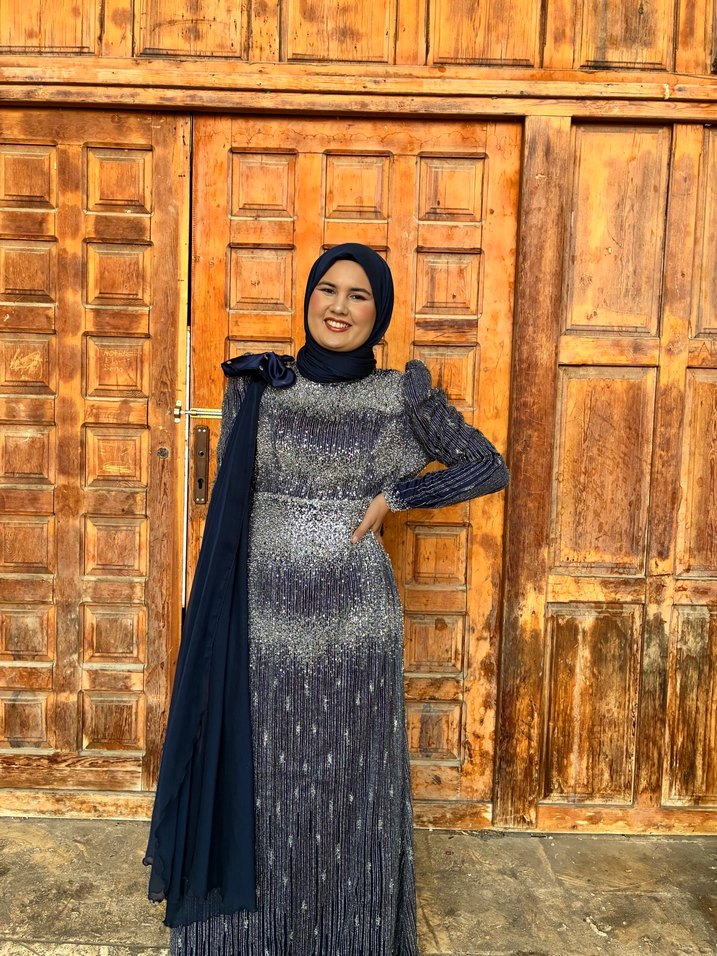 Uzun Kol lacivert Etnik Desenli Drapeli Abiye Elbise - Görsel 2