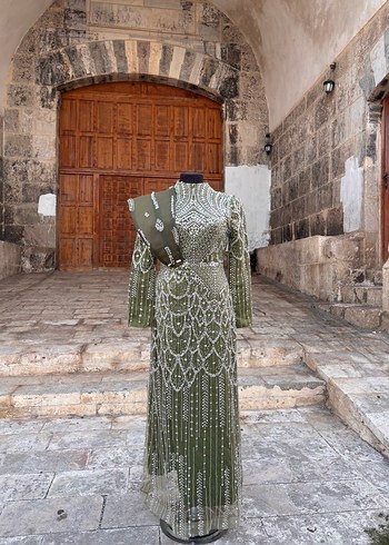 Uzun Kol, Boncuk İşlemeli Haki Kadın Elbise - Görsel 3