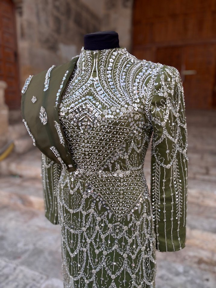 Uzun Kol, Boncuk İşlemeli Haki Kadın Elbise - Görsel 5