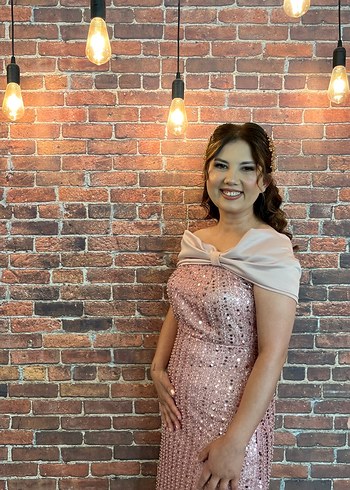 Pudra Pembe Drapeli Uzun Straplez söz Nişan Elbisesi - Görsel 2