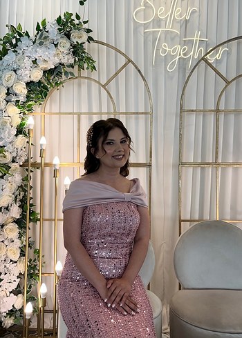 Pudra Pembe Drapeli Uzun Straplez söz Nişan Elbisesi - Görsel 3