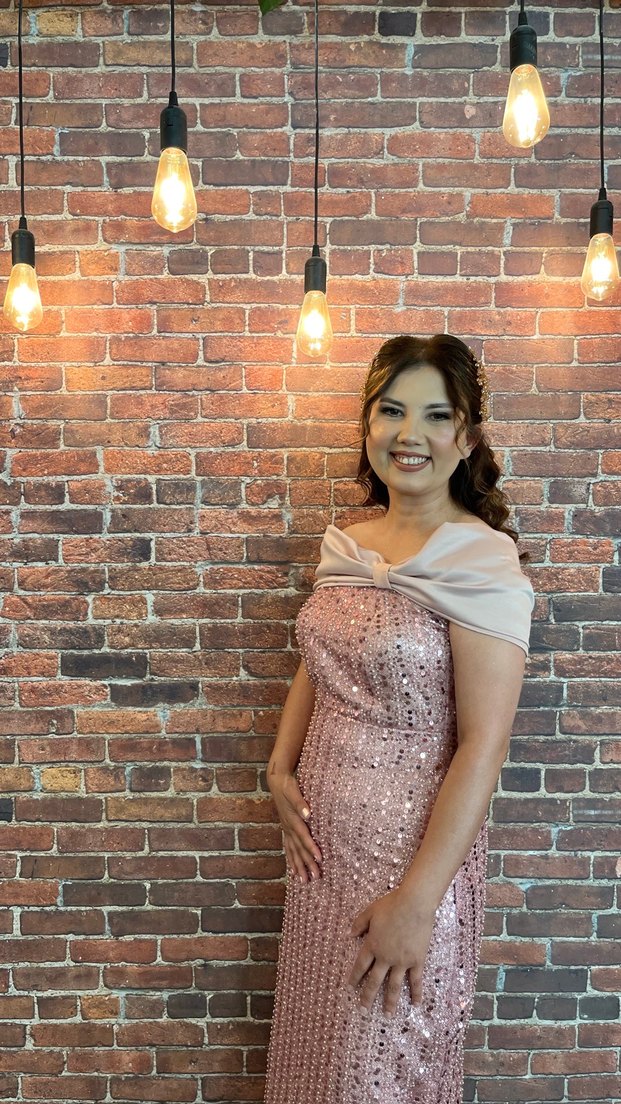 Pudra Pembe Drapeli Uzun Straplez söz Nişan Elbisesi - Görsel 2