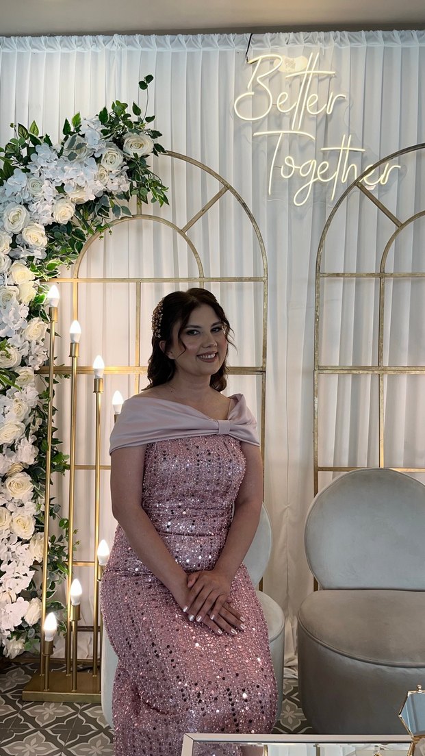 Pudra Pembe Drapeli Uzun Straplez söz Nişan Elbisesi - Görsel 3