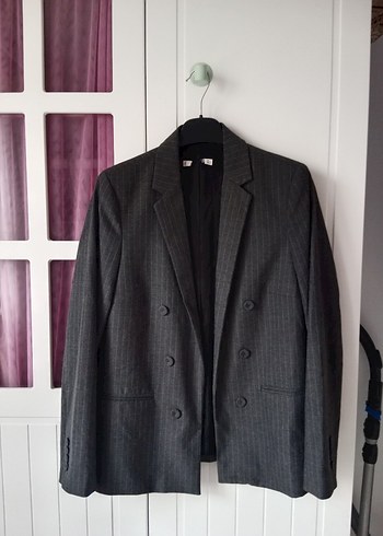 Zara Koyu Gri Cizgili Cift Sirali Blazer Ceket