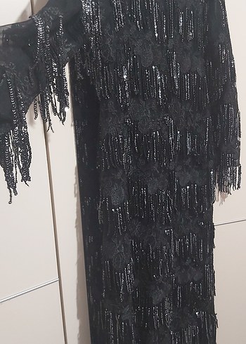Abiye Siyah Nakışlı Püsküllü Uzun Gotik Elbise