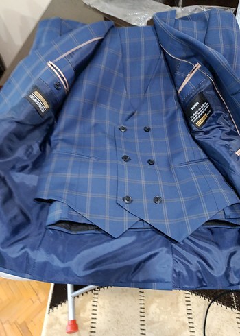 Erkek Mavi Kareli Düğmeli Takım Elbise - Görsel 2