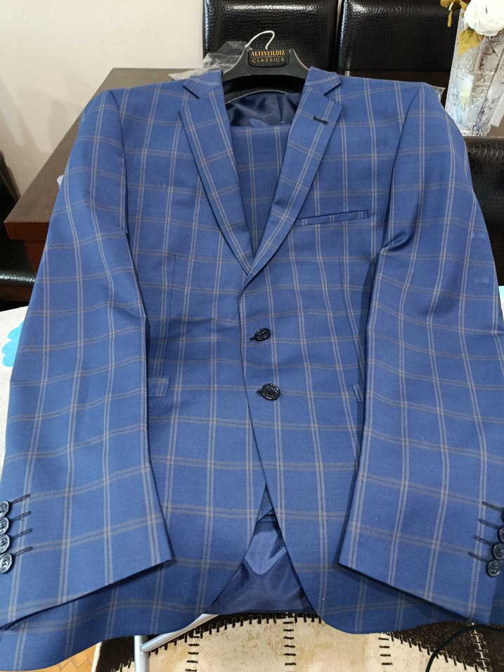 Erkek Mavi Kareli Düğmeli Takım Elbise - Görsel 4