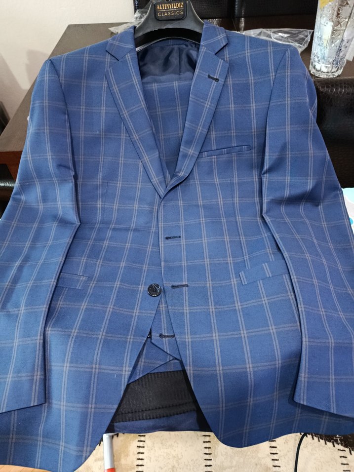 Erkek Mavi Kareli Düğmeli Takım Elbise - Görsel 3