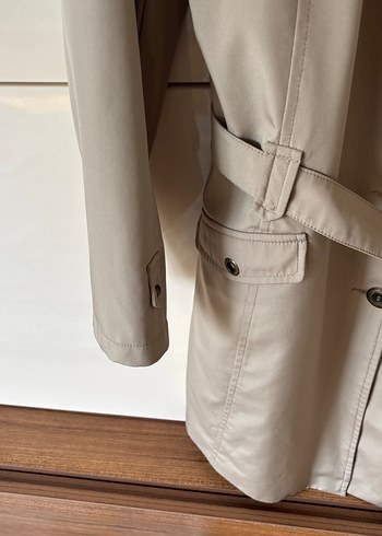 Bej Midi Kadın Trençkot, Kuşaklı, Düz Desen - Görsel 5