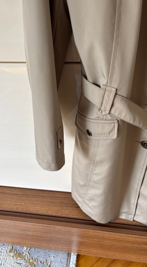 Bej Midi Kadın Trençkot, Kuşaklı, Düz Desen - Görsel 5